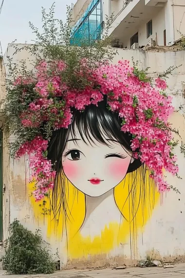 In the street, there is an outdoor mural of girl's head covered with pink bougainvillea flowers. The artwork was created by Chinese artist Alessandro Gottardo and featured on instagram. It has soft colors and a beautiful atmosphere.     --cw 100