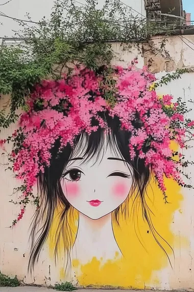 In the street, there is an outdoor mural of girl's head covered with pink bougainvillea flowers. The artwork was created by Chinese artist Alessandro Gottardo and featured on instagram. It has soft colors and a beautiful atmosphere.     --cw 100
