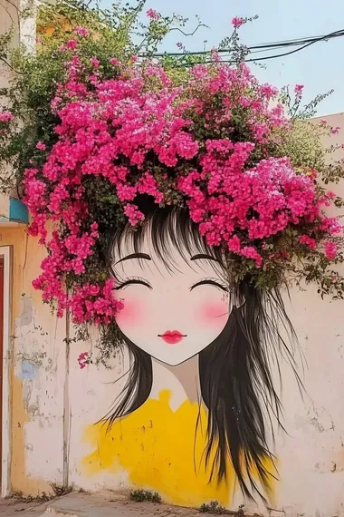 In the street, there is an outdoor mural of girl's head covered with pink bougainvillea flowers. The artwork was created by Chinese artist Alessandro Gottardo and featured on instagram. It has soft colors and a beautiful atmosphere.     --cw 100