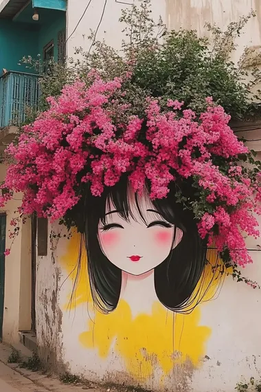 In the street, there is an outdoor mural of girl's head covered with pink bougainvillea flowers. The artwork was created by Chinese artist Alessandro Gottardo and featured on instagram. It has soft colors and a beautiful atmosphere.     --cw 100