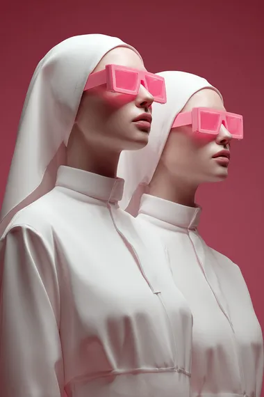 Photorealistic pink monochrome portrait of a futuristic two twin Holy Mary wearing modern fashion sunglasses, white dress and veil, minimal background, soft lighting, depth of field, cinematic style, editorial photography, futuristic vibes, professional color grading, soft shadows, no contrast, clean sharp focus, pink neon lights  rofile 4988q7u