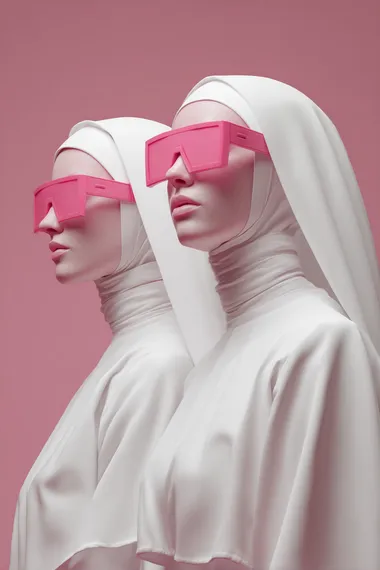 Photorealistic pink monochrome portrait of a futuristic two twin Holy Mary wearing modern fashion sunglasses, white dress and veil, minimal background, soft lighting, depth of field, cinematic style, editorial photography, futuristic vibes, professional color grading, soft shadows, no contrast, clean sharp focus, pink neon lights  rofile 4988q7u
