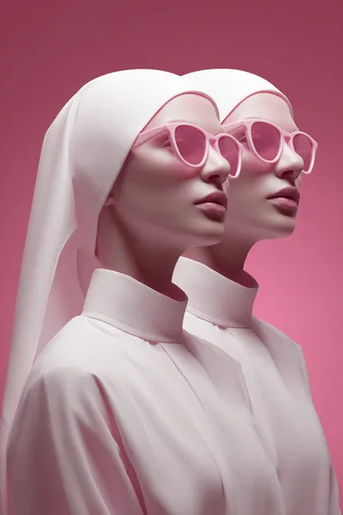 Photorealistic pink monochrome portrait of a futuristic two twin Holy Mary wearing modern fashion sunglasses, white dress and veil, minimal background, soft lighting, depth of field, cinematic style, editorial photography, futuristic vibes, professional color grading, soft shadows, no contrast, clean sharp focus, pink neon lights  rofile 4988q7u