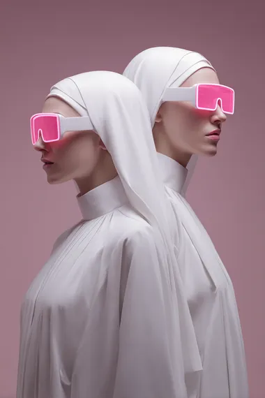 Photorealistic pink monochrome portrait of a futuristic two twin Holy Mary wearing modern fashion sunglasses, white dress and veil, minimal background, soft lighting, depth of field, cinematic style, editorial photography, futuristic vibes, professional color grading, soft shadows, no contrast, clean sharp focus, pink neon lights  rofile 4988q7u