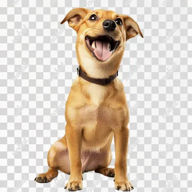 a real cute dog on hind legs, licking, mouth open, smiling, isolated on white background zoom out, pan out, ultra realistic