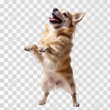 a real cute dog on hind legs, licking, mouth open, smiling, isolated on white background zoom out, pan out, ultra realistic