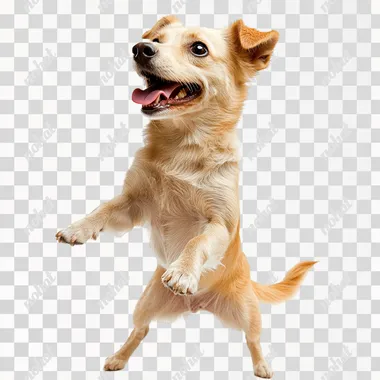 a real cute dog on hind legs, licking, mouth open, smiling, isolated on white background zoom out, pan out, ultra realistic