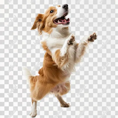 a real cute dog on hind legs, licking, mouth open, smiling, isolated on white background zoom out, pan out, ultra realistic