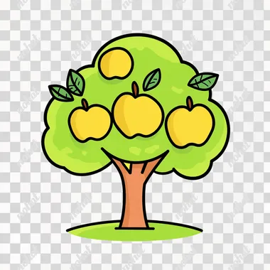 A cartoon syle image of an apple tree with apples drawn with simple lines, using bold black outlines, and the overall design should convey simplicity through its clean minimalistic style. No shading 2D flat. simple to draw, very simple, easy, easy to draw, no details, ultra simple, for kids, low detailed, less detailed, thick edges, smooth, inanimate, bold and easy, coloring page. The colour should be vibrant bright pastel colour. It's designed for kids so make sure there will not any text or letters inside the white box. s no shapes, salad no shadow. NO BACKGROUND ar 30:17