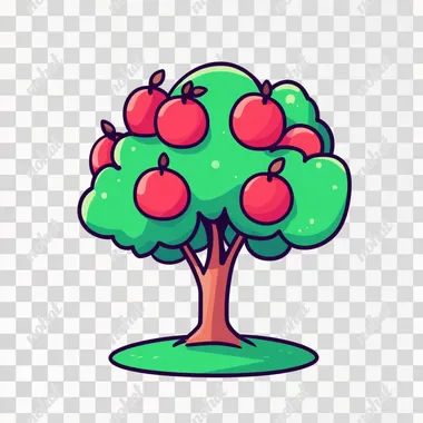 A cartoon syle image of an apple tree with apples drawn with simple lines, using bold black outlines, and the overall design should convey simplicity through its clean minimalistic style. No shading 2D flat. simple to draw, very simple, easy, easy to draw, no details, ultra simple, for kids, low detailed, less detailed, thick edges, smooth, inanimate, bold and easy, coloring page. The colour should be vibrant bright pastel colour. It's designed for kids so make sure there will not any text or letters inside the white box. s no shapes, salad no shadow. NO BACKGROUND ar 30:17