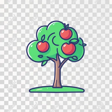 A cartoon syle image of an apple tree with apples drawn with simple lines, using bold black outlines, and the overall design should convey simplicity through its clean minimalistic style. No shading 2D flat. simple to draw, very simple, easy, easy to draw, no details, ultra simple, for kids, low detailed, less detailed, thick edges, smooth, inanimate, bold and easy, coloring page. The colour should be vibrant bright pastel colour. It's designed for kids so make sure there will not any text or letters inside the white box. s no shapes, salad no shadow. NO BACKGROUND ar 30:17
