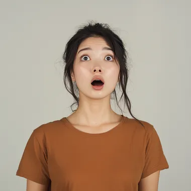 asian woman wearing brown shirt, shocked face, side view, whole body
