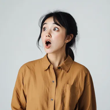 asian woman wearing brown shirt, shocked face, side view, whole body