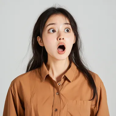 asian woman wearing brown shirt, shocked face, side view, whole body