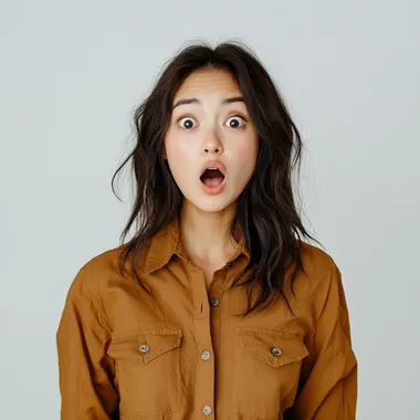 asian woman wearing brown shirt, shocked face, side view, whole body