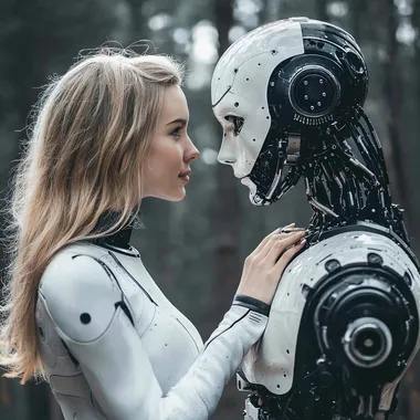 realistisches Foto von einer Frau und einem Roboter, die sich an der Hand halten