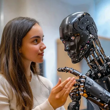 realistisches Foto von einer Frau und einem Roboter, die sich an der Hand halten