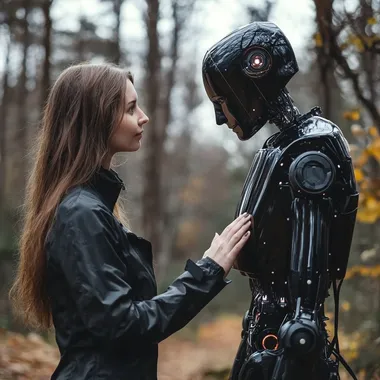 realistisches Foto von einer Frau und einem Roboter, die sich an der Hand halten