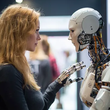 realistisches Foto von einer Frau und einem Roboter, die sich an der Hand halten