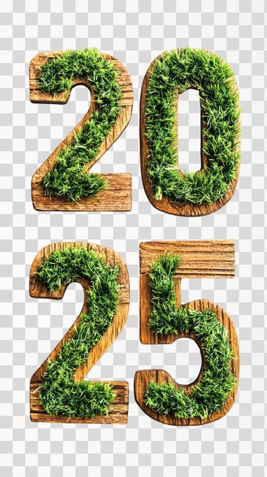 the numbers "20" on the top and "25" on the bottom made of wood with green grass inside each number, white background