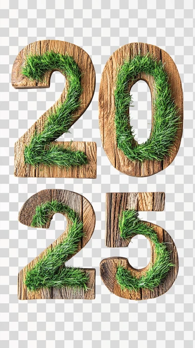 the numbers "20" on the top and "25" on the bottom made of wood with green grass inside each number, white background