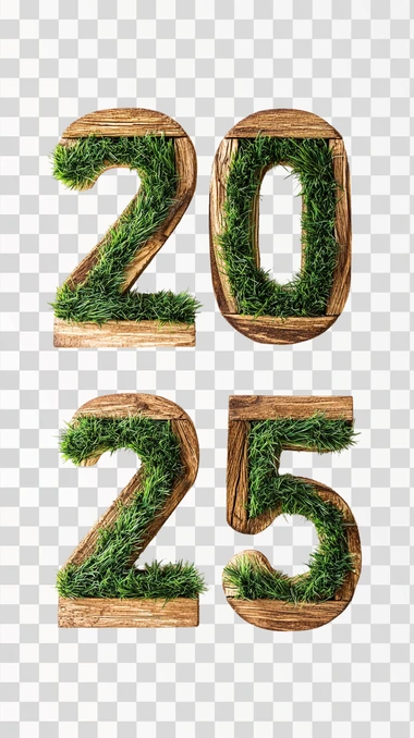 the numbers "20" on the top and "25" on the bottom made of wood with green grass inside each number, white background