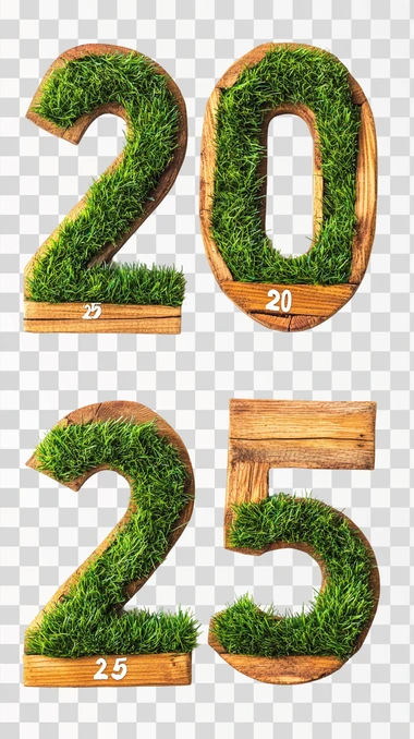 the numbers "20" on the top and "25" on the bottom made of wood with green grass inside each number, white background
