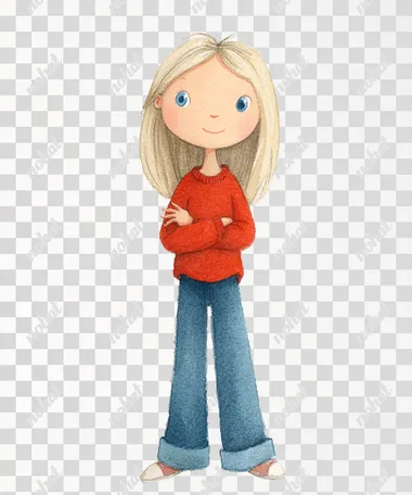 watercolor, childrenbook illustration of a 6-year-old girl, cheeky, bright, blue eyes, white-blonde straight hair, hair up to the shoulder, about 1.10m tall, thin, she smiles, she wears blue jeans and a red sweater, white background, full body shot