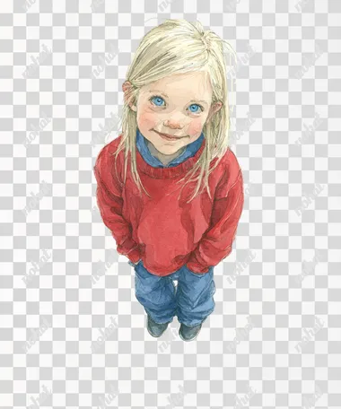 watercolor, childrenbook illustration of a 6-year-old girl, cheeky, bright, blue eyes, white-blonde straight hair, hair up to the shoulder, about 1.10m tall, thin, she smiles, she wears blue jeans and a red sweater, white background, full body shot