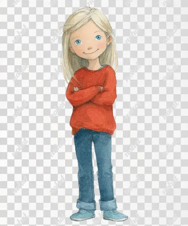watercolor, childrenbook illustration of a 6-year-old girl, cheeky, bright, blue eyes, white-blonde straight hair, hair up to the shoulder, about 1.10m tall, thin, she smiles, she wears blue jeans and a red sweater, white background, full body shot