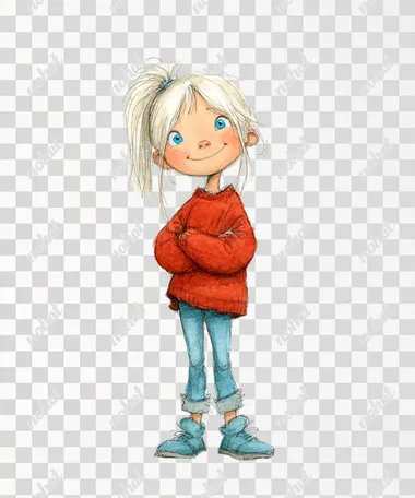 watercolor, childrenbook illustration of a 6-year-old girl, cheeky, bright, blue eyes, white-blonde straight hair, hair up to the shoulder, about 1.10m tall, thin, she smiles, she wears blue jeans and a red sweater, white background, full body shot