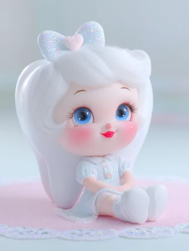 A cool 3D cartoon tooth character with big clear eyes,red lips,Eyelashes, blush,wearing a dentist's outfit, sitting on the doctor's desk in a dental office, with white as the dominant color and a solid white background.     qwmtejw --exp 30 --s 750