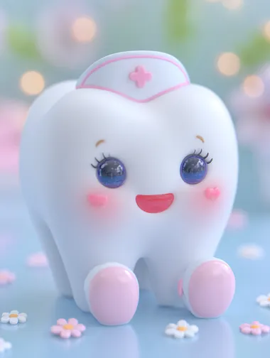 A cool 3D cartoon tooth character with big clear eyes,red lips,Eyelashes, blush,wearing a dentist's outfit, sitting on the doctor's desk in a dental office, with white as the dominant color and a solid white background.     qwmtejw --exp 30 --s 750