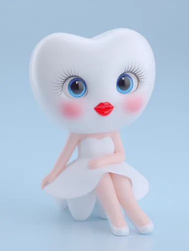 A cool 3D cartoon tooth character with big clear eyes,red lips,Eyelashes, blush,wearing a dentist's outfit, sitting on the doctor's desk in a dental office, with white as the dominant color and a solid white background.     qwmtejw --exp 30 --s 750