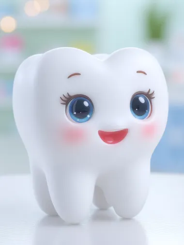 A cool 3D cartoon tooth character with big clear eyes,red lips,Eyelashes, blush,wearing a dentist's outfit, sitting on the doctor's desk in a dental office, with white as the dominant color and a solid white background.     qwmtejw --exp 30 --s 750