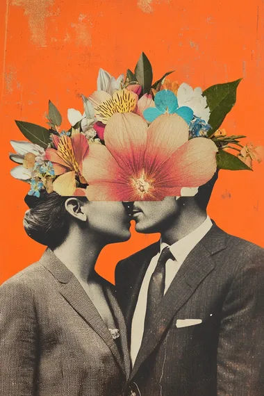 Black-and-white photo collage of a man in a suit with a woman, both wearing flowers on their heads, against an orange background. The image has a colorful, vintage aesthetic.