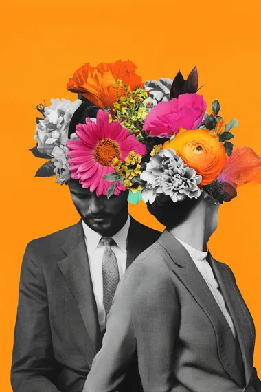 Black-and-white photo collage of a man in a suit with a woman, both wearing flowers on their heads, against an orange background. The image has a colorful, vintage aesthetic.