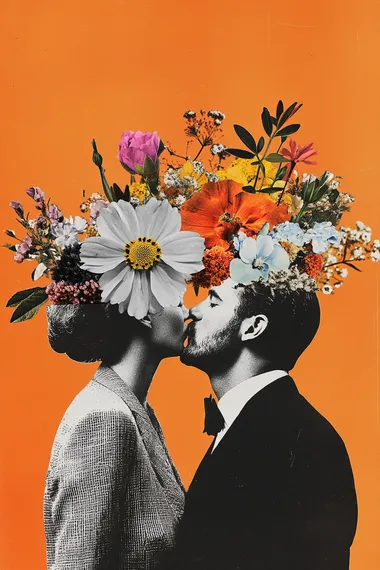 Black-and-white photo collage of a man in a suit with a woman, both wearing flowers on their heads, against an orange background. The image has a colorful, vintage aesthetic.