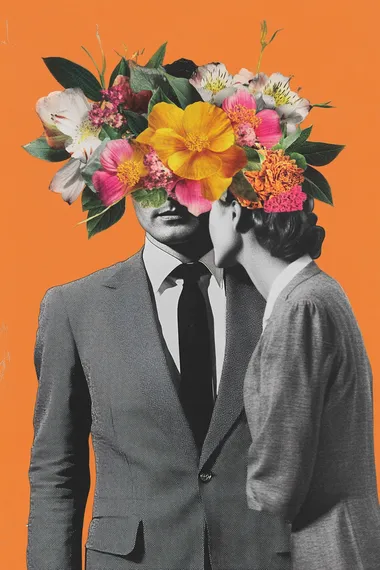 Black-and-white photo collage of a man in a suit with a woman, both wearing flowers on their heads, against an orange background. The image has a colorful, vintage aesthetic.