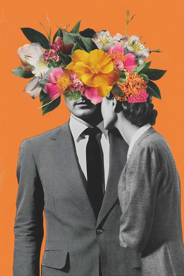 Black-and-white photo collage of a stylish couple with flower crowns