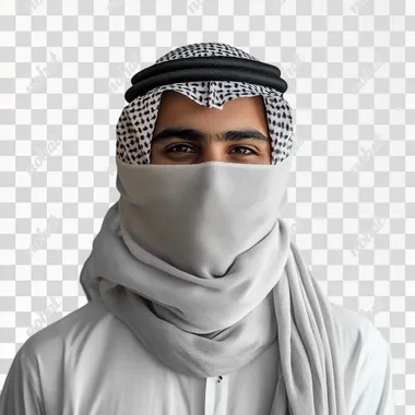 photo of saudi young man standing foucus on the face with saudi arabian features smiling and wearing thoub in a light grey background