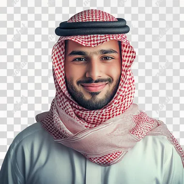 photo of saudi young man standing foucus on the face with saudi arabian features smiling and wearing thoub in a light grey background