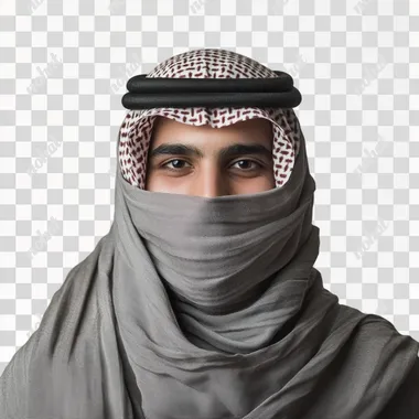 photo of saudi young man standing foucus on the face with saudi arabian features smiling and wearing thoub in a light grey background
