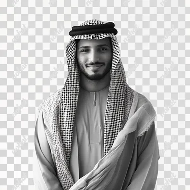 photo of saudi young man standing foucus on the face with saudi arabian features smiling and wearing thoub in a light grey background
