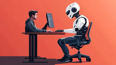 cover for a man and an artificial intelligence, side by side, sitting at a desk in front of a computer, playing together, the man dressed in casual clothes, minimalism, vogue style  --s 250