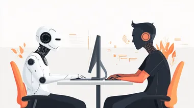 cover for a man and an artificial intelligence, side by side, sitting at a desk in front of a computer, playing together, the man dressed in casual clothes, minimalism, vogue style  --s 250