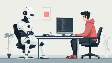 cover for a man and an artificial intelligence, side by side, sitting at a desk in front of a computer, playing together, the man dressed in casual clothes, minimalism, vogue style  --s 250