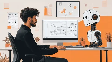 cover for a man and an artificial intelligence, side by side, sitting at a desk in front of a computer, playing together, the man dressed in casual clothes, minimalism, vogue style  --s 250