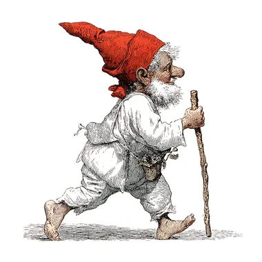detailed illustration, happy slender and balding gnome walking with a cane, red gnome hat, white background,in the style of Howard Pyle