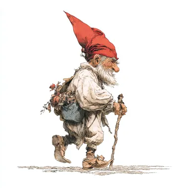 detailed illustration, happy slender and balding gnome walking with a cane, red gnome hat, white background,in the style of Howard Pyle